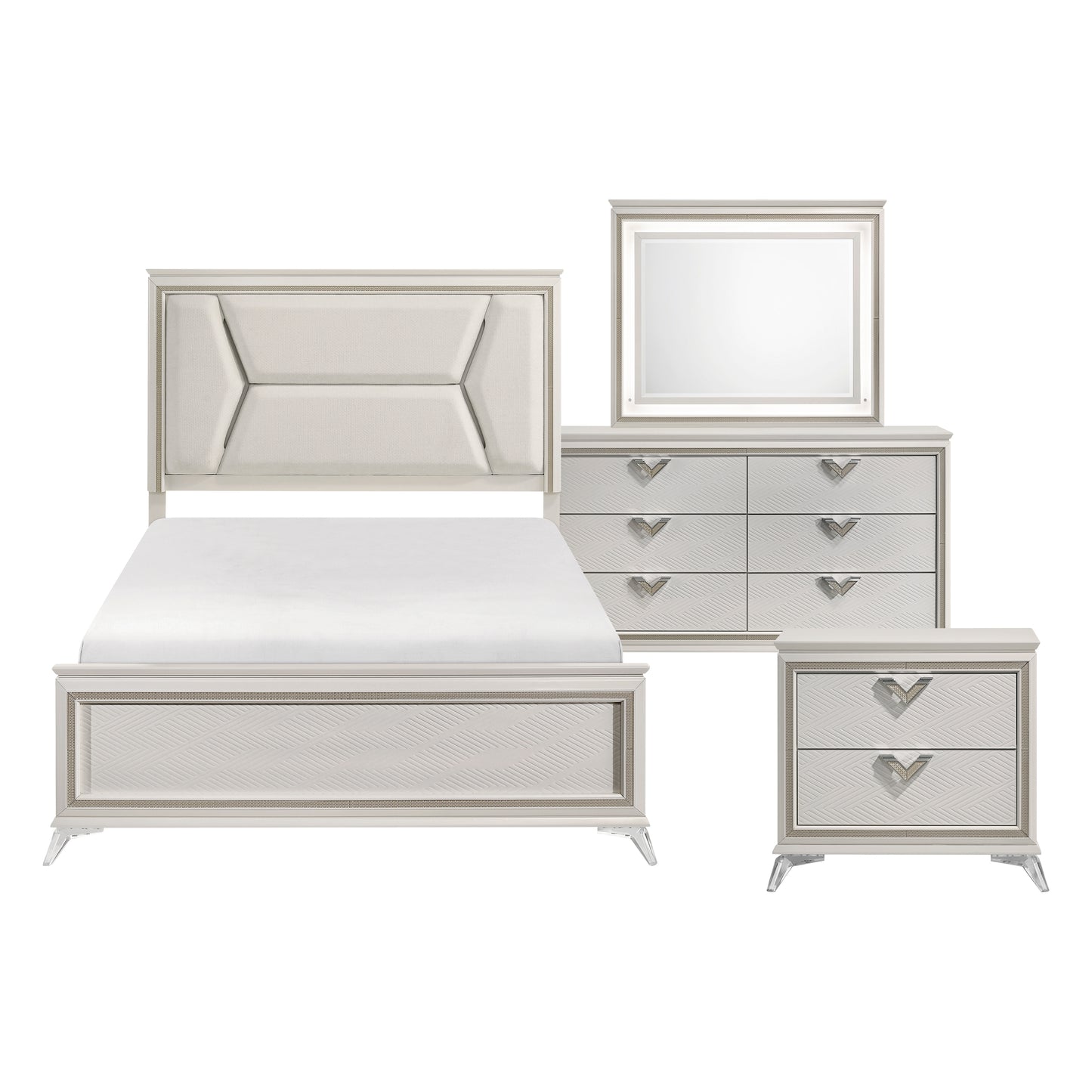 Audra Collection bedroom set featuring a white panel bed with gold accents and acrylic legs, matching 6-drawer dresser with gold hardware, and rectangular framed mirror – available at Paty Furniture in Tacoma, Kent, and Burien.