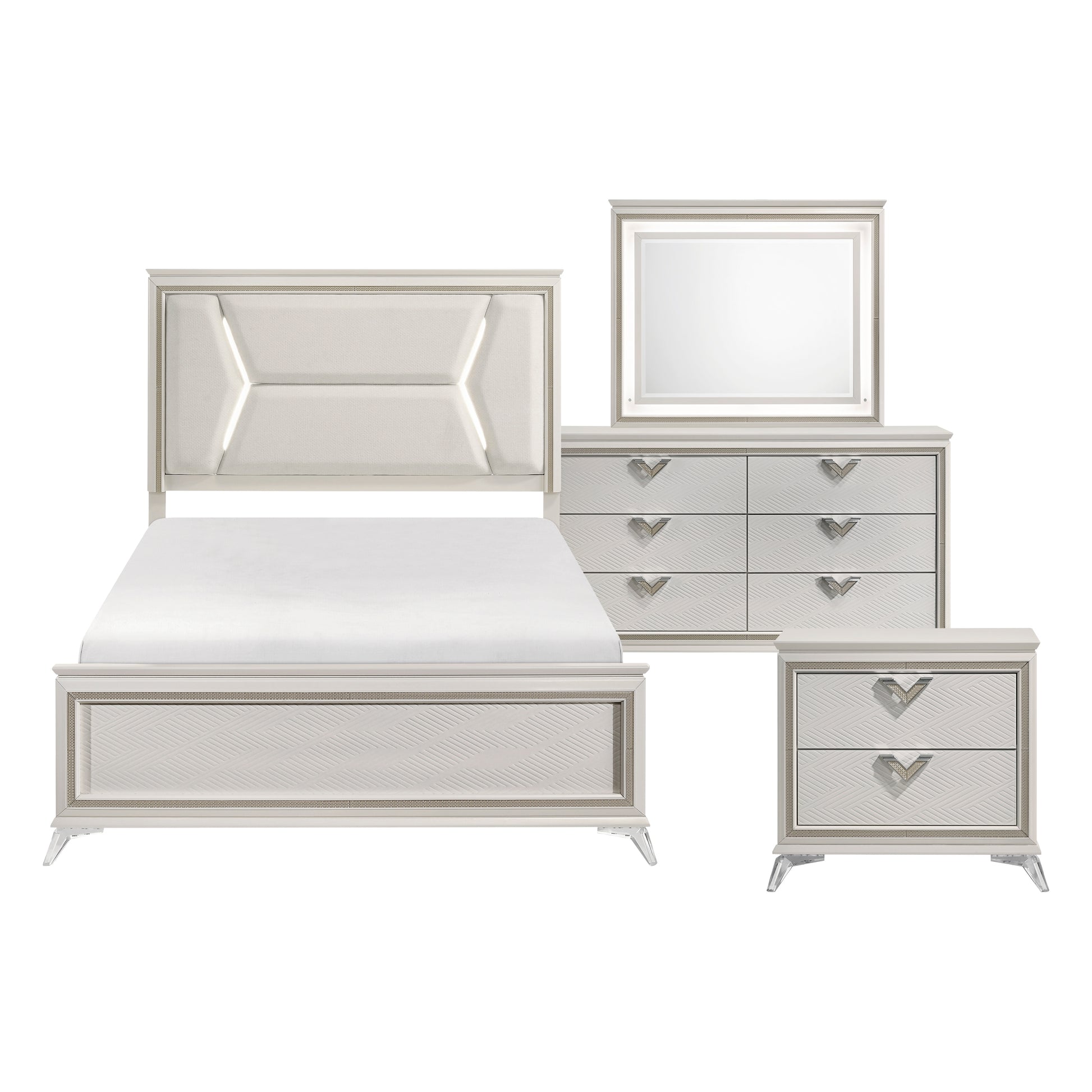 Audra Collection bedroom set styled in a modern room with elegant lighting and decor, showcasing its white and gold color palette – available at Paty Furniture in Tacoma, Kent, and Burien.
