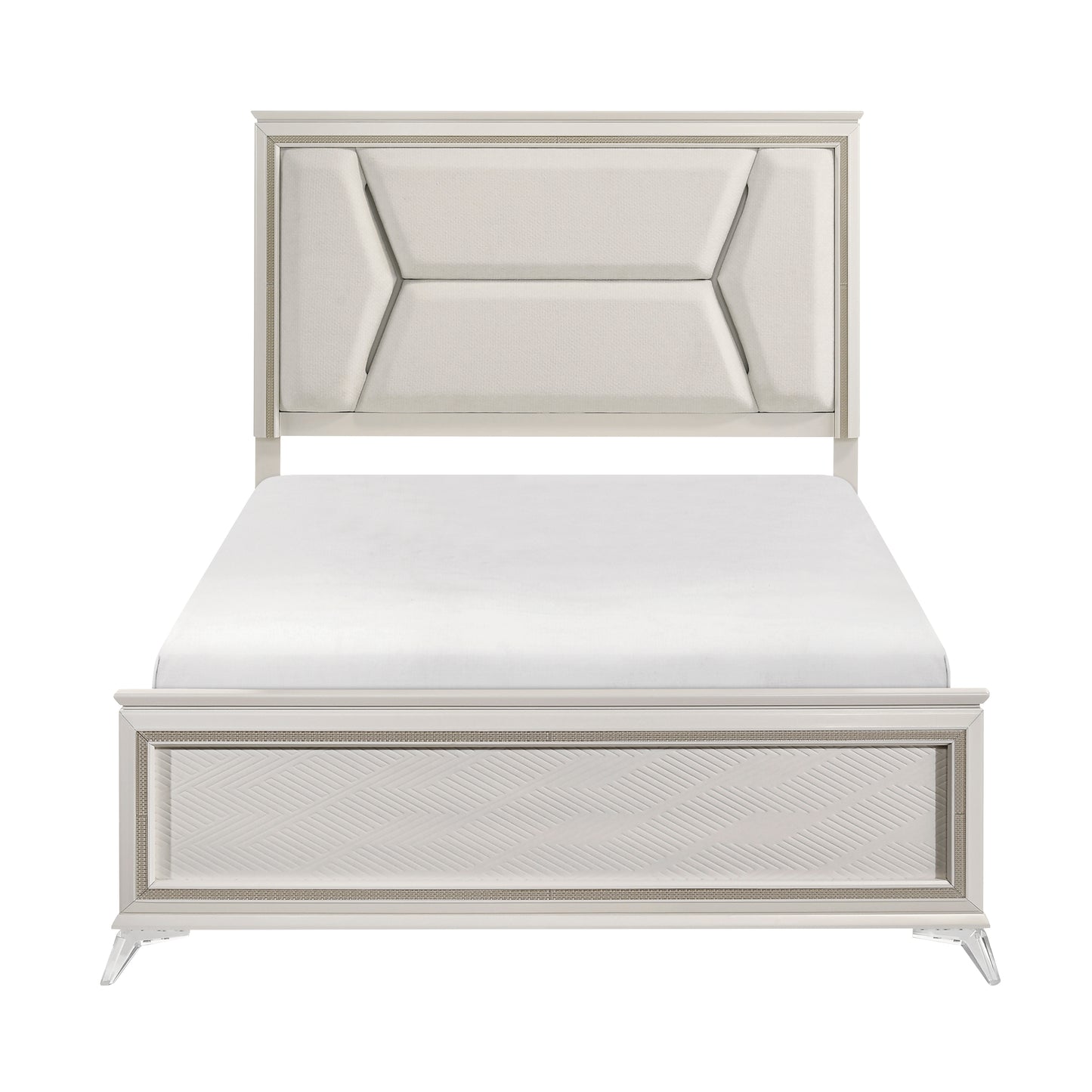 Audra Collection Eastern Bed with white panel headboard, gold trim, and clear acrylic legs – available at Paty Furniture in Tacoma, Kent, and Burien.