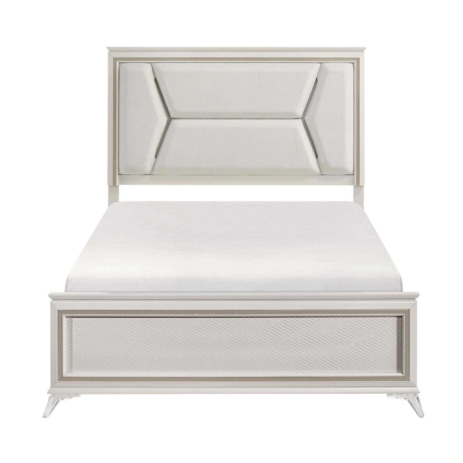 Audra Collection Eastern Bed with white panel headboard, gold trim, and clear acrylic legs – available at Paty Furniture in Tacoma, Kent, and Burien.
