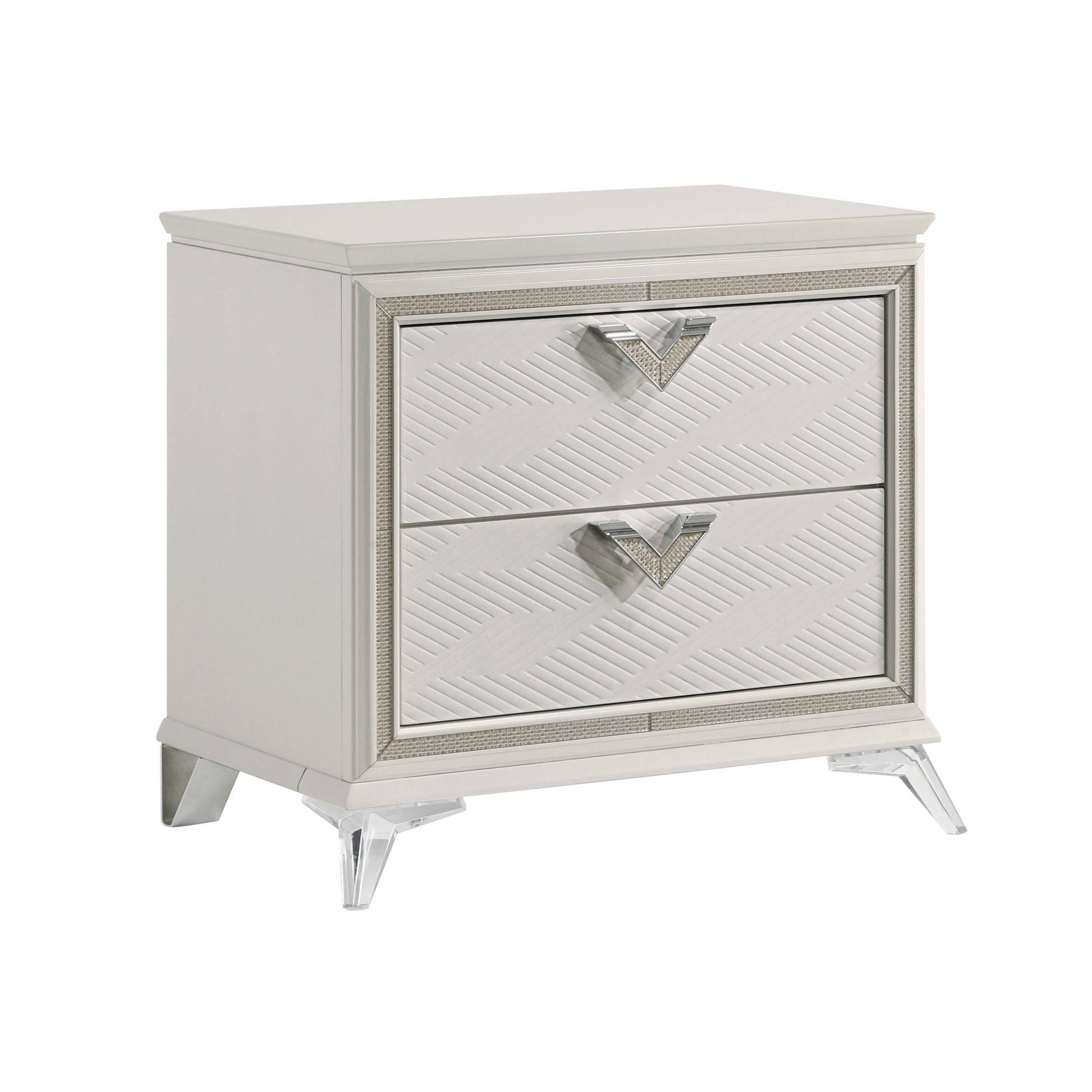 Audra Collection nightstand in white finish with two drawers, gold-tone hardware, and clear acrylic legs for a modern glam look – available at Paty Furniture in Tacoma, Kent, and Burien.