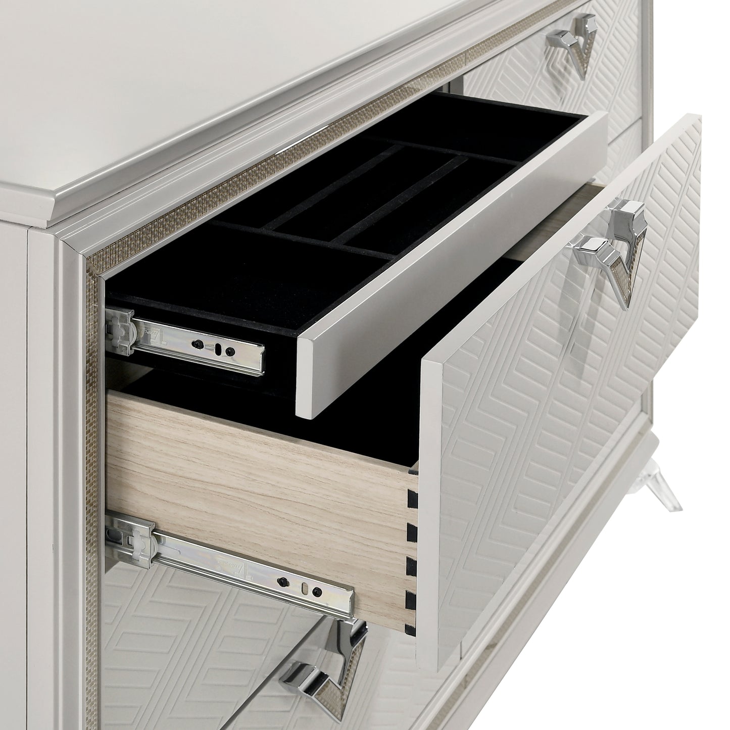 Audra Collection white dresser with gold hardware shown with top drawer open, revealing a hidden velvet-lined jewelry compartment for organized accessory storage – available at Paty Furniture in Tacoma, Kent, and Burien.