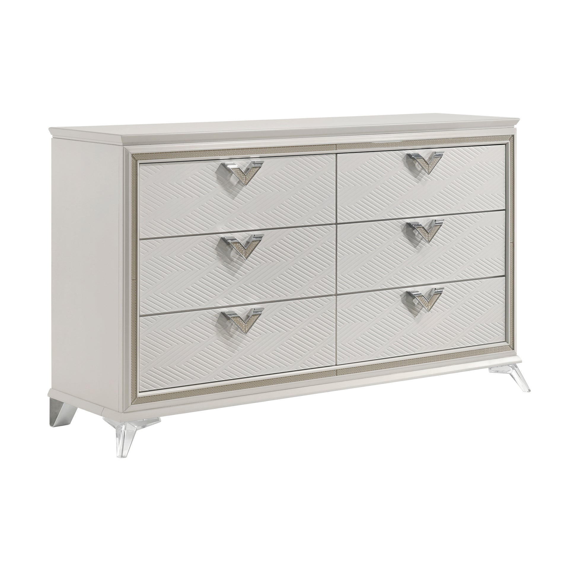 Audra Collection white dresser with gold hardware shown with top drawer open, revealing a hidden velvet-lined jewelry compartment for organized accessory storage – available at Paty Furniture in Tacoma, Kent, and Burien.