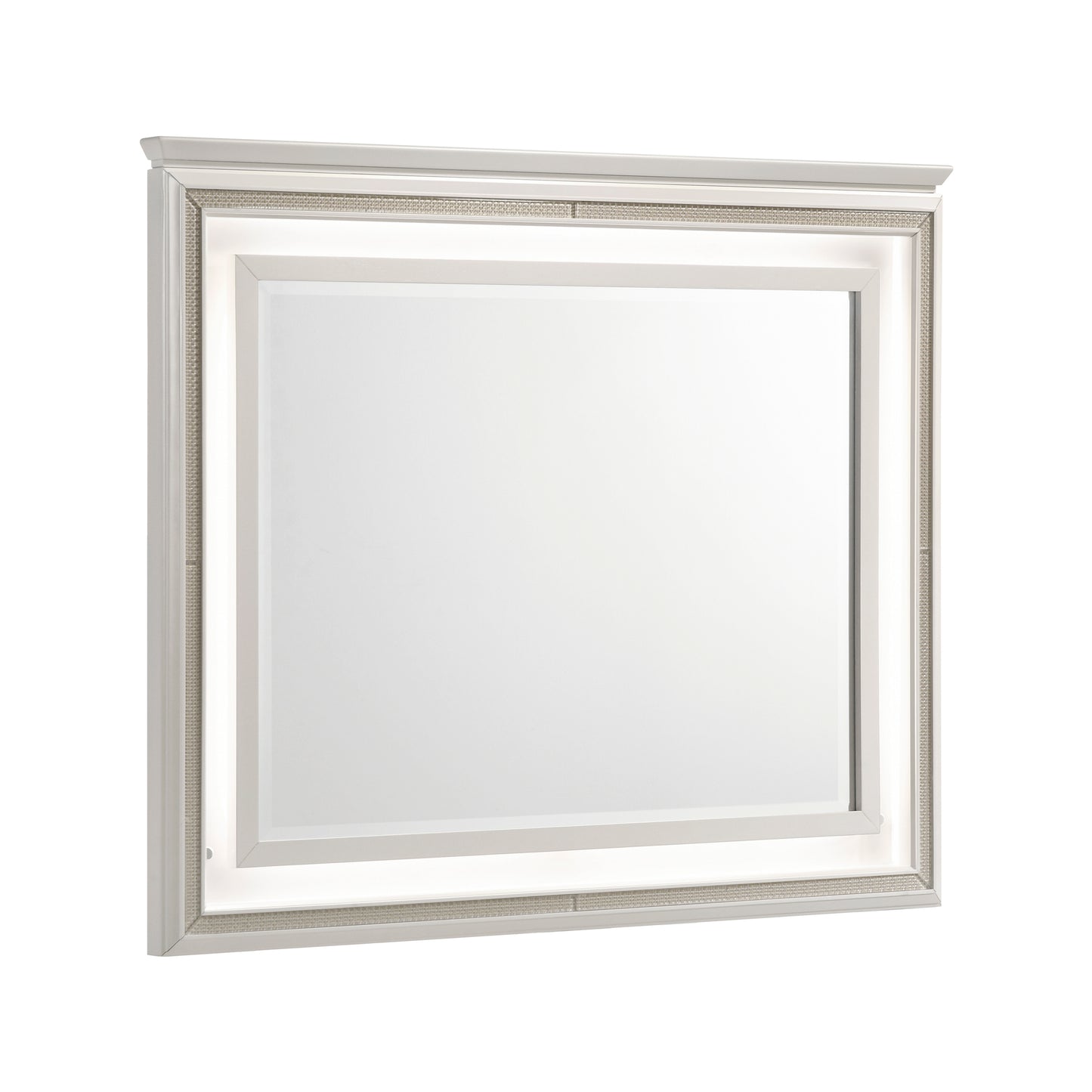 Audra Collection rectangular mirror with white frame, gold trim, and built-in LED lighting for enhanced visibility and modern glam appeal – available at Paty Furniture in Tacoma, Kent, and Burien.