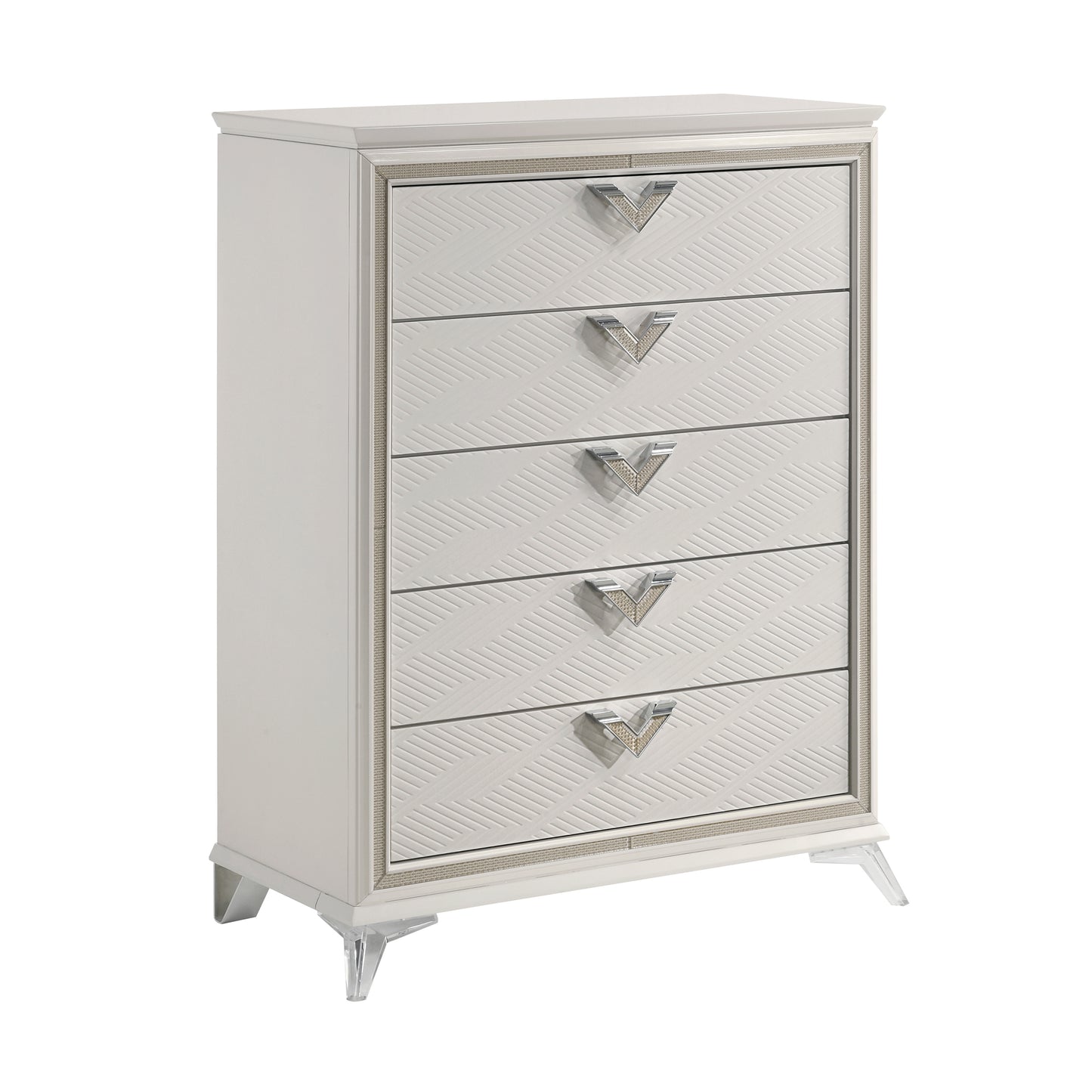 Audra Collection chest with five drawers, gold-tone pulls, and clear acrylic leg detailing – available at Paty Furniture in Tacoma, Kent, and Burien.