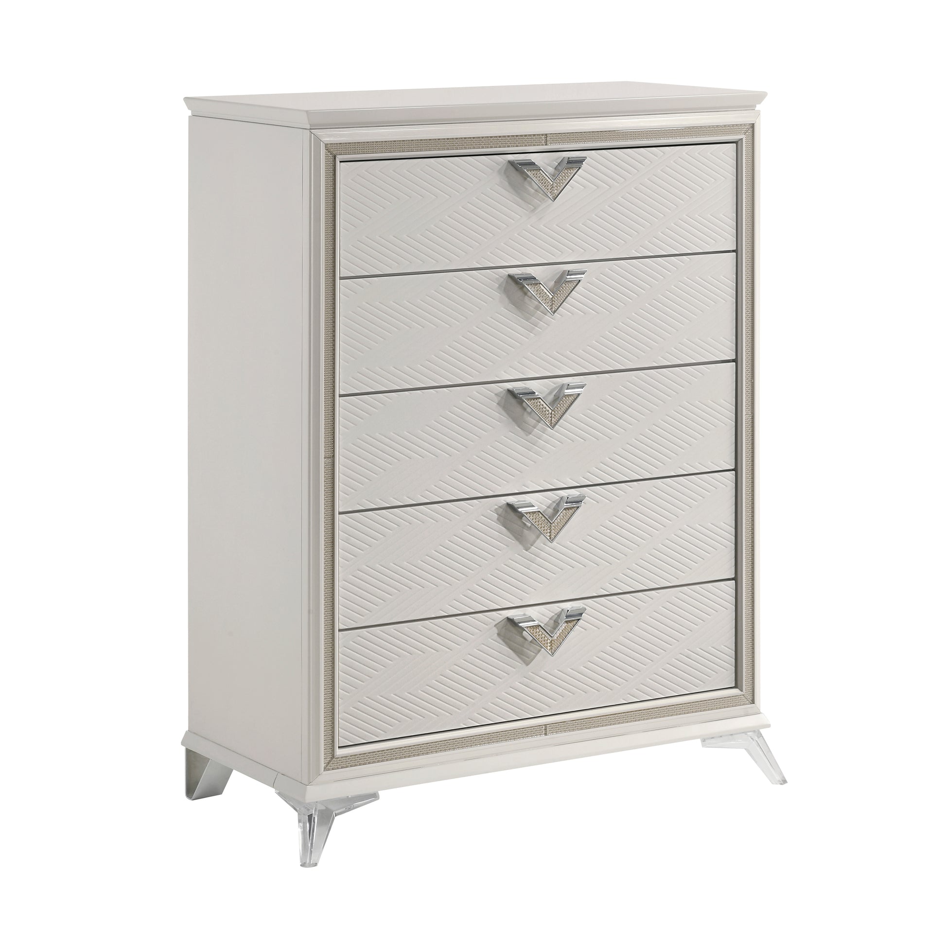 Audra Collection chest with five drawers, gold-tone pulls, and clear acrylic leg detailing – available at Paty Furniture in Tacoma, Kent, and Burien.