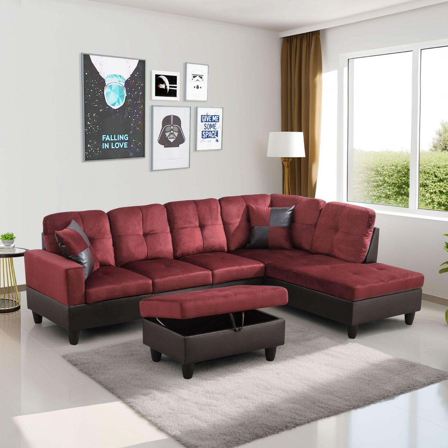 Red sectional sofa in a living room with decor elements.