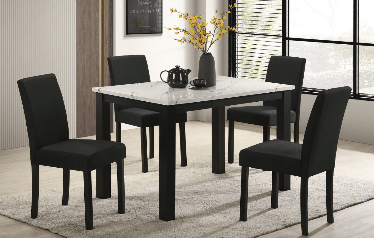 Resia Collection 5-piece dining set featuring a sleek faux-marble rectangular table with black frame, paired with four charcoal upholstered chairs with black legs – perfect for modern dining spaces.