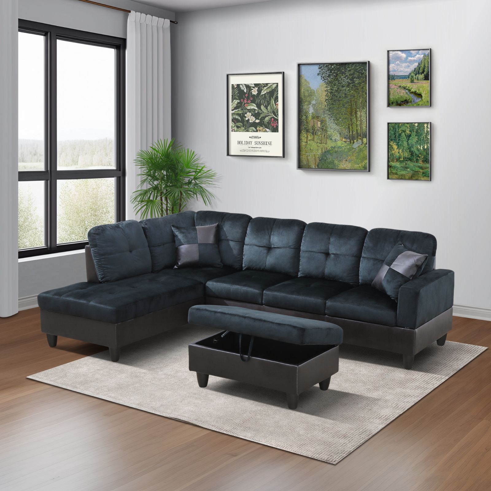 Gray sectional sofa with ottoman in a living room setting with wall art.