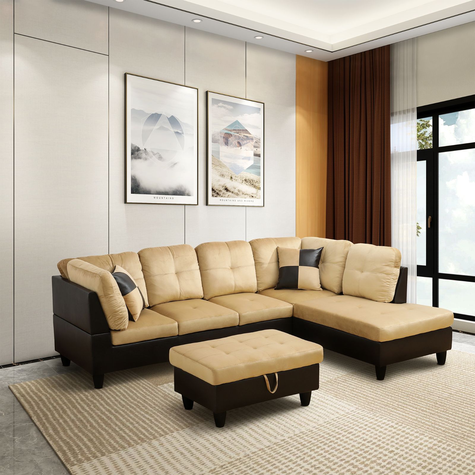 Beige sectional sofa with brown accents in a modern living room.