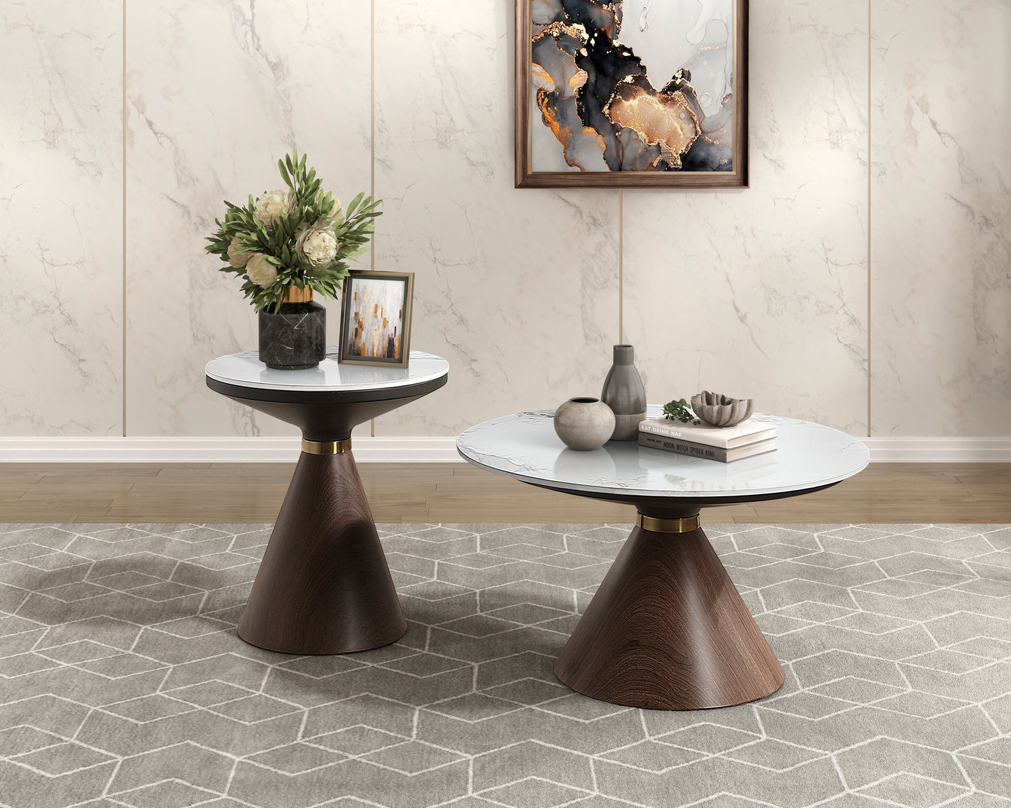 Greer Collection tables arranged in a contemporary living room setting, showcasing their modern design and elegant materials – available at Paty Furniture in Tacoma, Kent, and Burien.