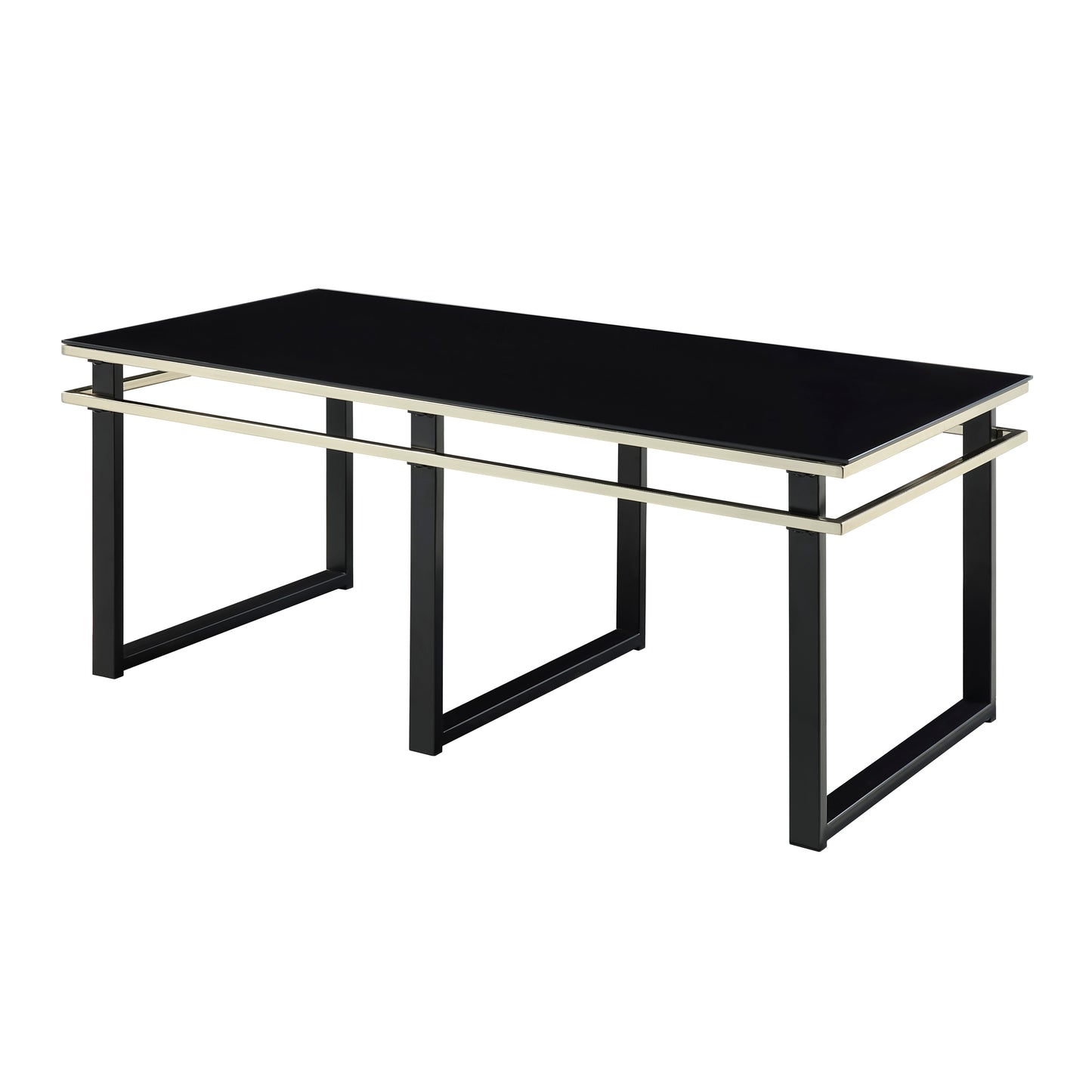 Zamir Collection rectangular cocktail table with a black tempered glass top, gold-hued banding, and sleek metal legs – available at Paty Furniture in Tacoma, Kent, and Burien.