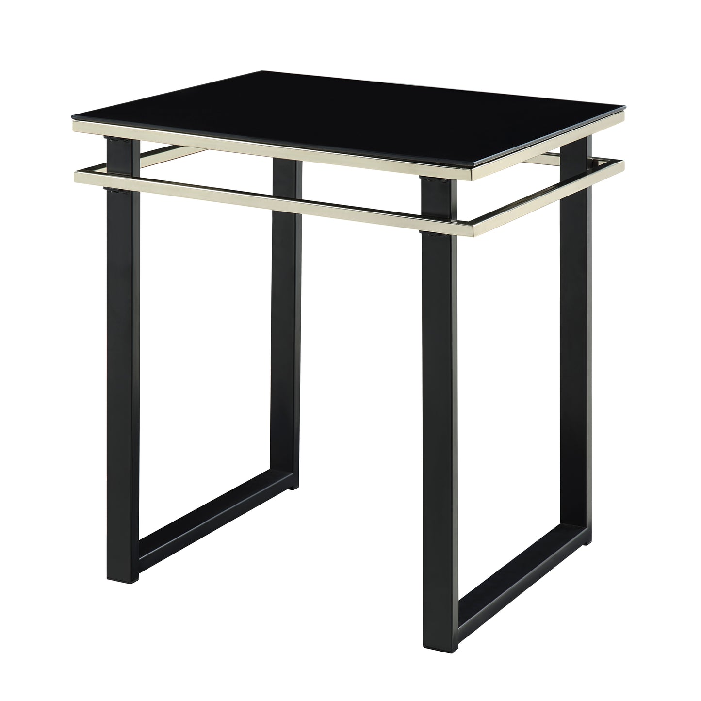 Zamir Collection square end table featuring a black tempered glass top, gold-hued banding, and sturdy metal legs – available at Paty Furniture in Tacoma, Kent, and Burien.