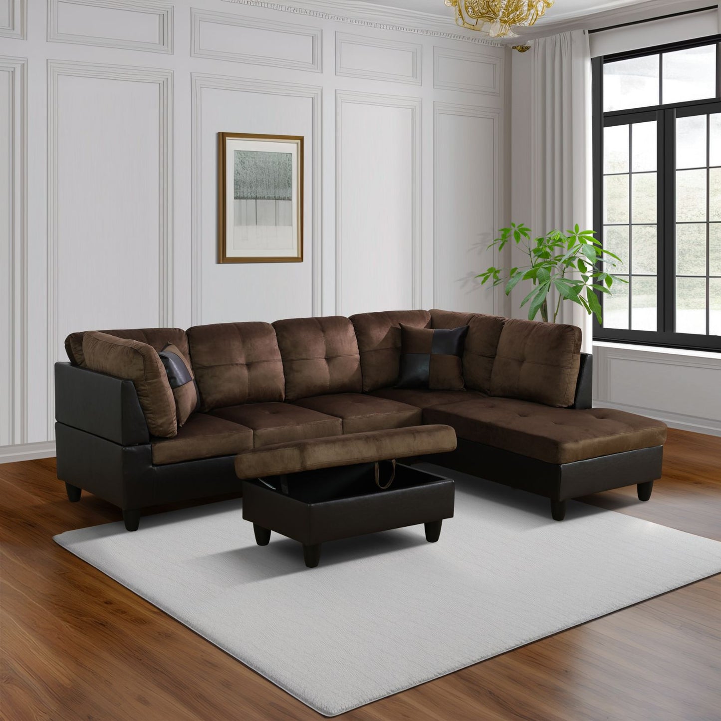 Brown sectional sofa in a living room with white walls and a window.