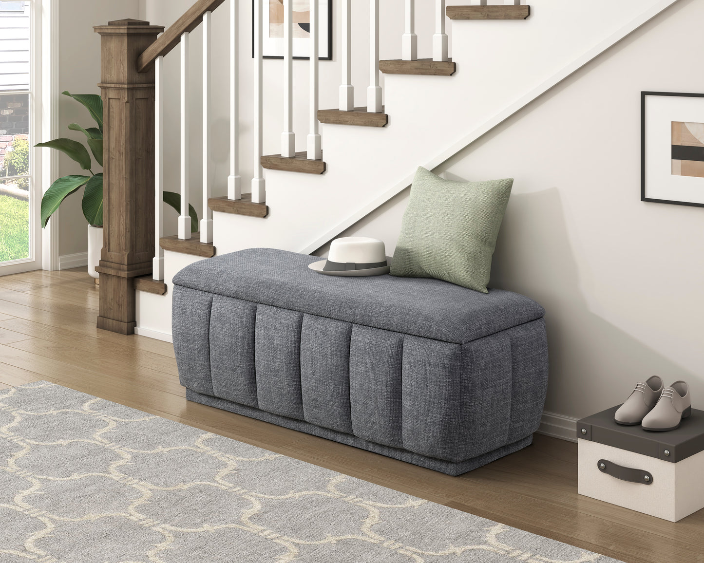Maize Collection storage bench placed in an entryway, demonstrating its functionality as both seating and storage solution – available at Paty Furniture in Tacoma, Kent, and Burien.