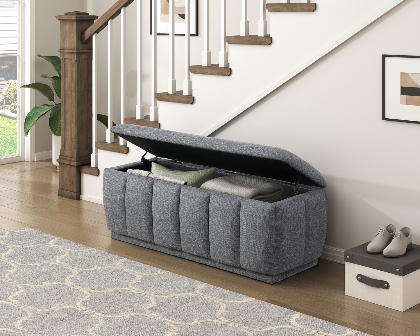 Maize Collection storage bench in gray textured fabric with a foam-cushioned seat and spacious interior compartment – available at Paty Furniture in Tacoma, Kent, and Burien.