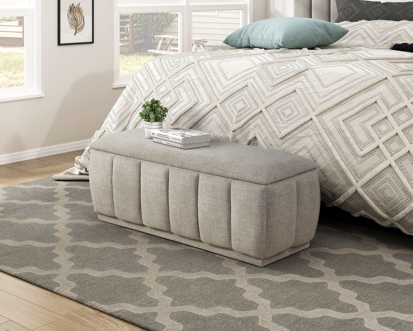 Maize Collection storage bench in taupe textured fabric featuring a sturdy plywood frame and ample storage space – available at Paty Furniture in Tacoma, Kent, and Burien.