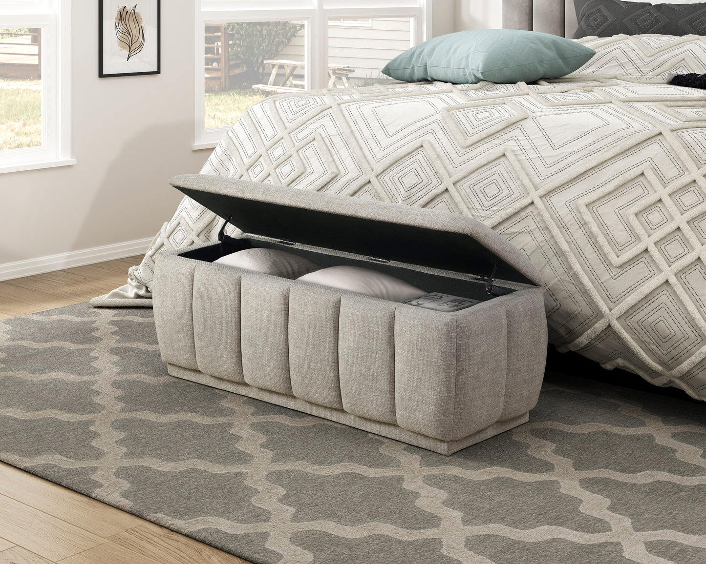 Maize Collection storage bench with seat lifted, revealing a spacious interior compartment ideal for storing blankets, pillows, or toys – available at Paty Furniture in Tacoma, Kent, and Burien.