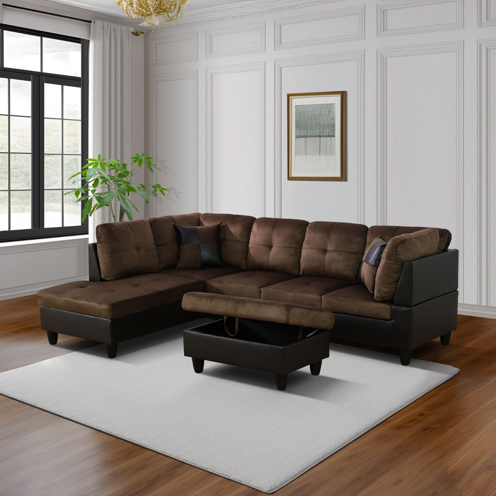 Brown sectional sofa in a living room with a white wall and window.