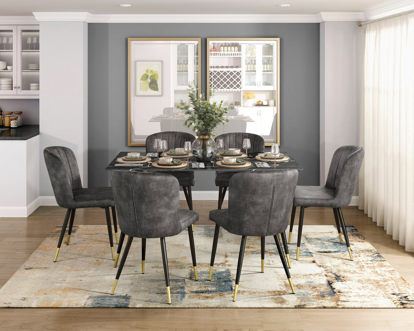 Clemente Collection dining set arranged in a contemporary dining room setting, showcasing its blend of modern design and classic elements – available at Paty Furniture in Tacoma, Kent, and Burien.