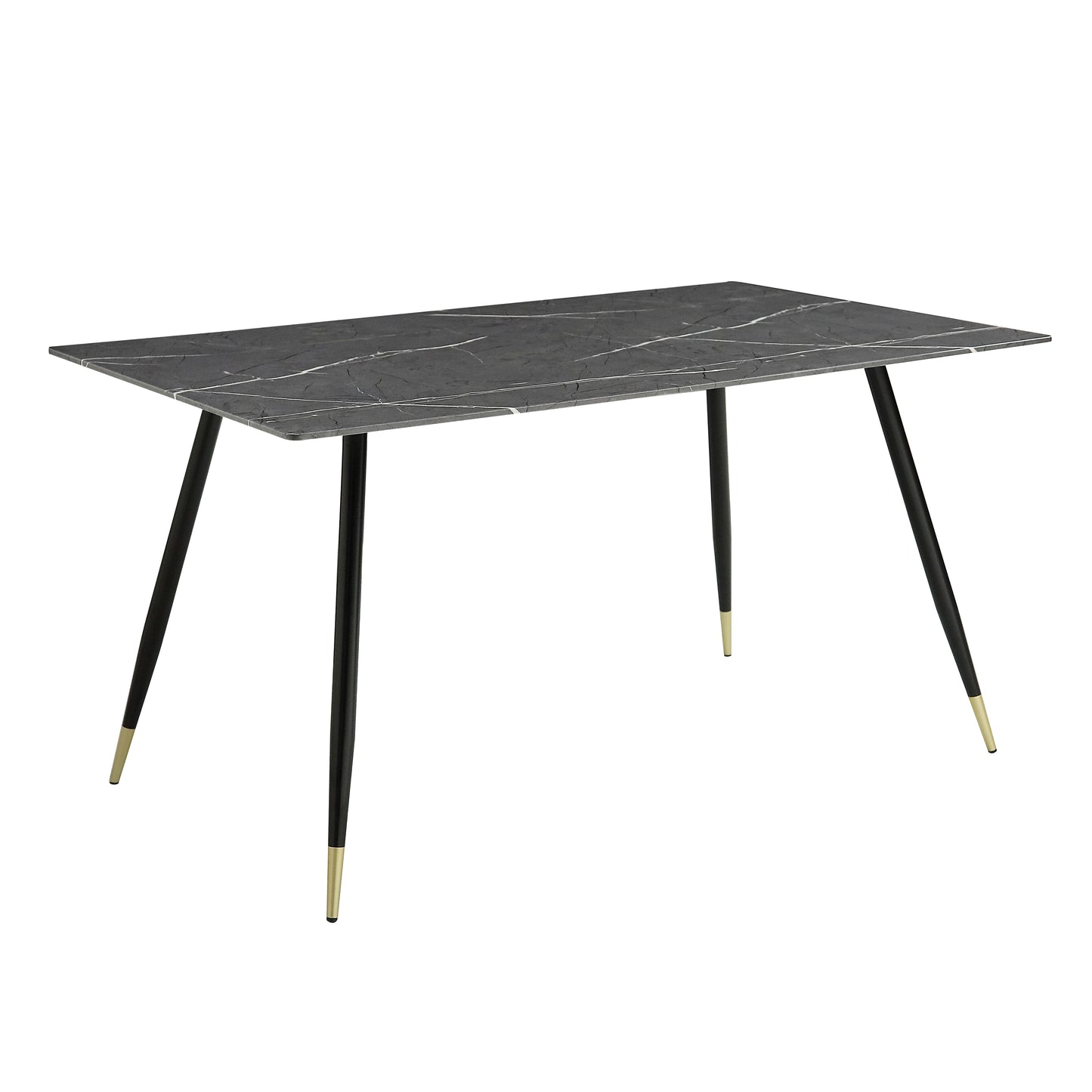 Rectangular dining table from the Clemente Collection showcasing a gray marble-print tempered glass top, black metal legs, and gold-finished tips – available at Paty Furniture in Tacoma, Kent, and Burien.