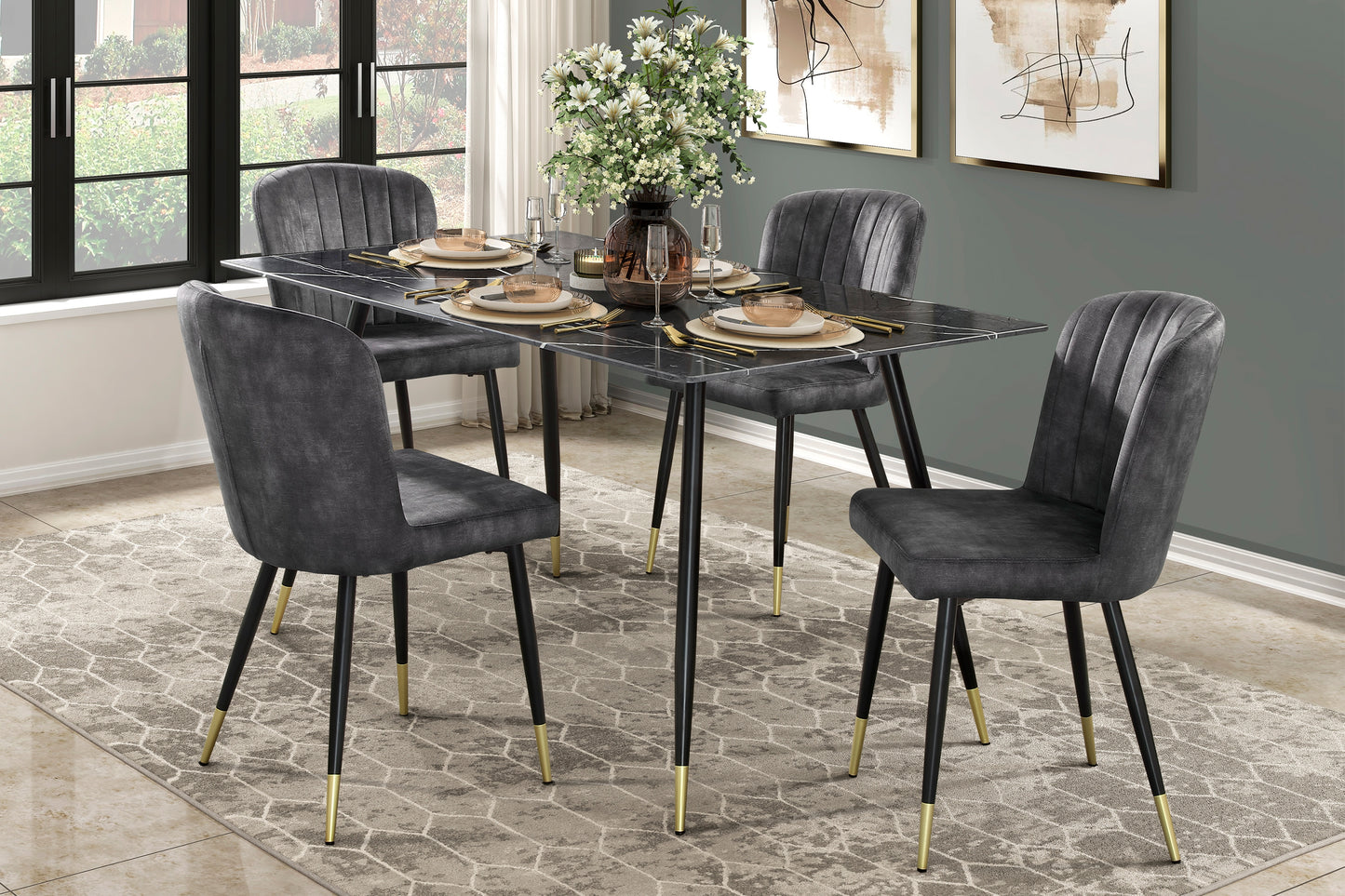 Clemente Collection 5-piece dining set featuring a gray marble-print tempered glass table with black metal legs and gold-finished accents, paired with four charcoal velvet chairs with channel tufting – available at Paty Furniture in Tacoma, Kent, and Burien.