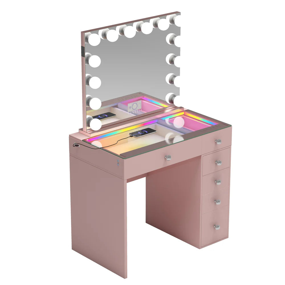 Pink vanity table with mirror and lights on a white background