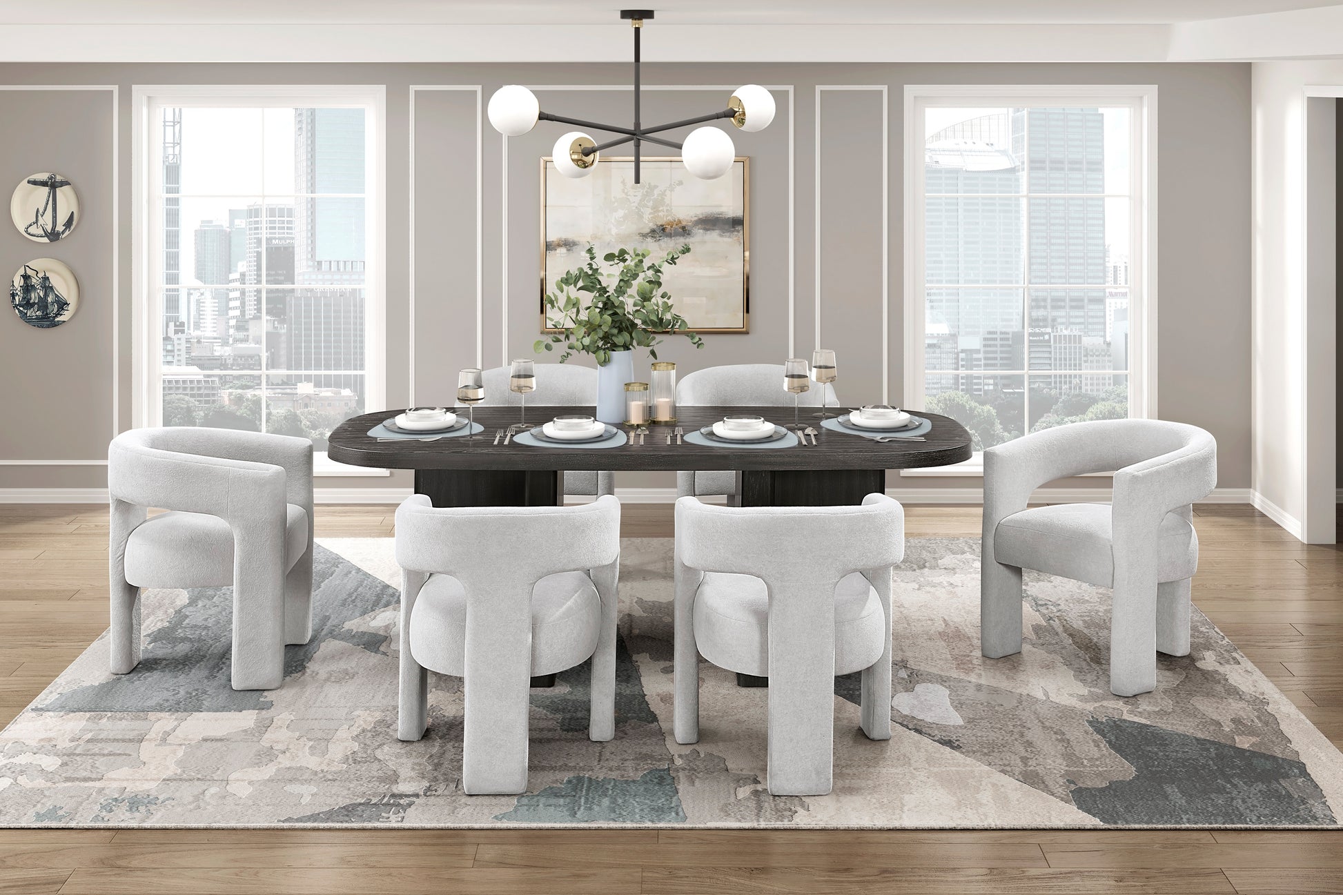 Modern dining room with a round black table and white chairs in a well-lit room.