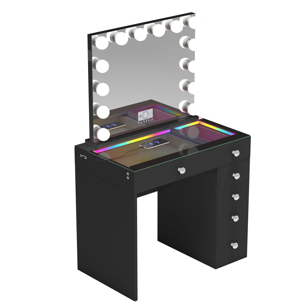 Black vanity table with mirror and lights on a white background