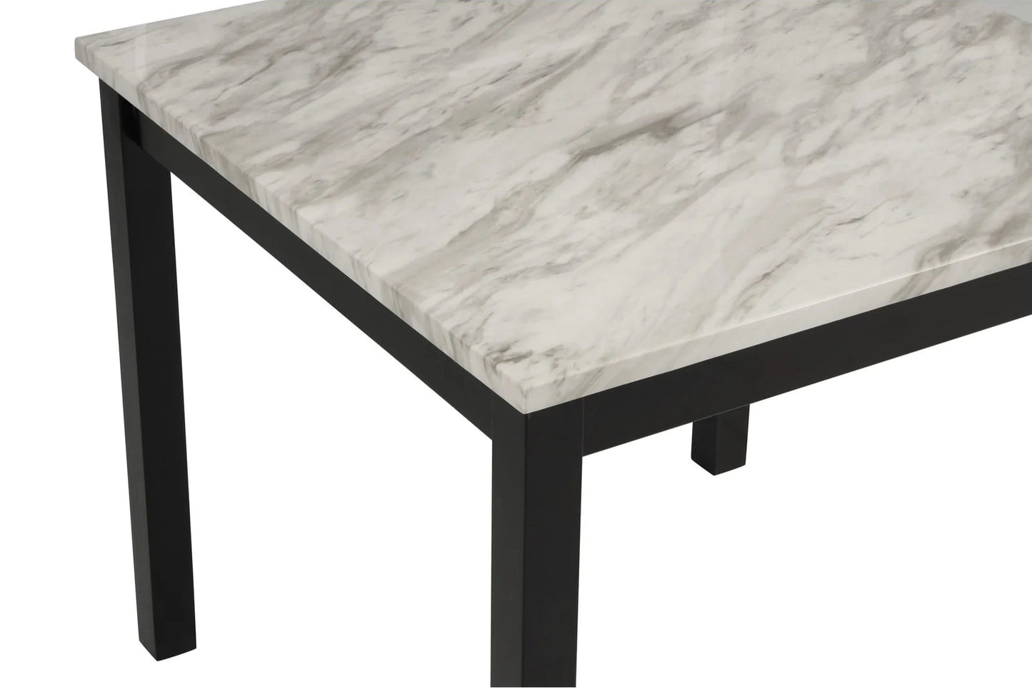 Angled view of the Lennon counter-height dining set showcasing the luxurious faux-marble tabletop and the contemporary design of the upholstered barstools.