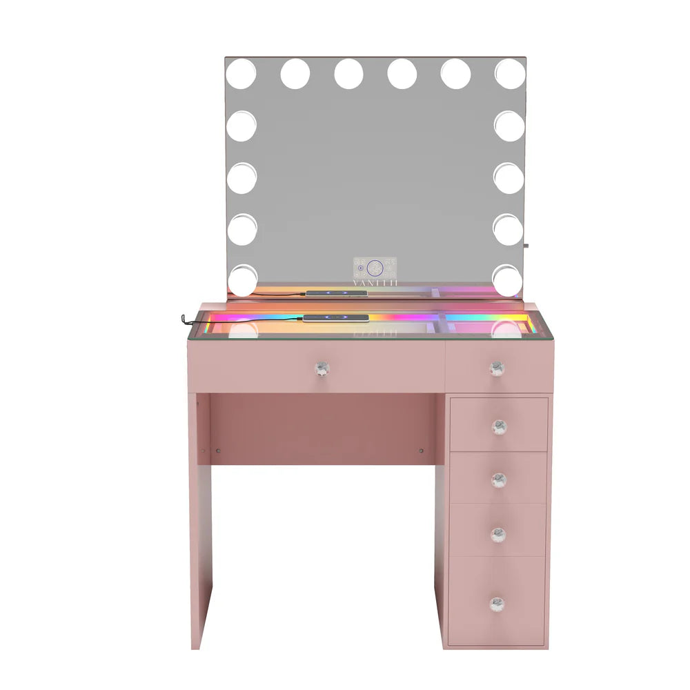Pink makeup vanity with mirror and lights on a white background