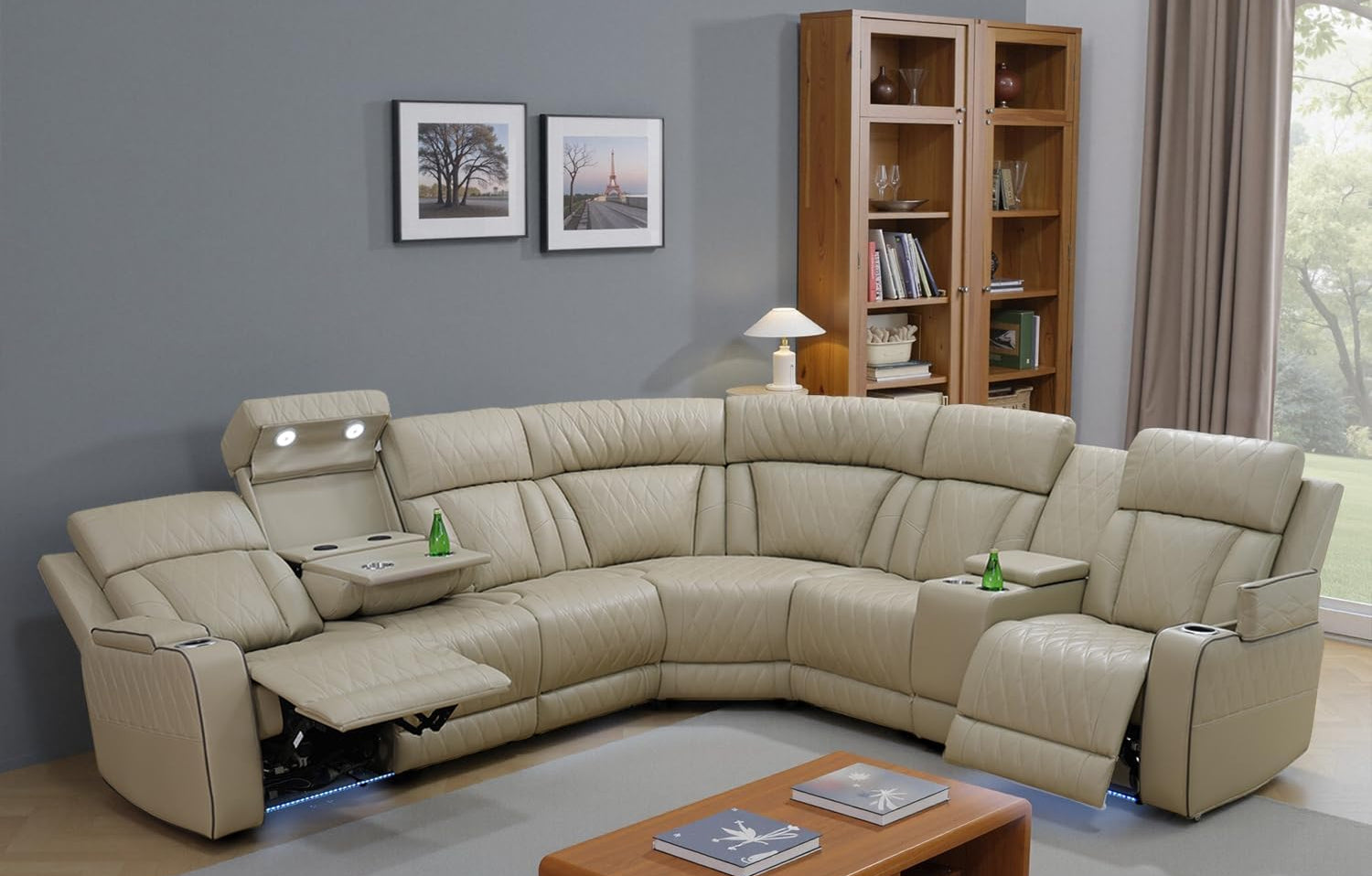 Beige sectional sofa in a living room with a wooden coffee table and bookshelf.