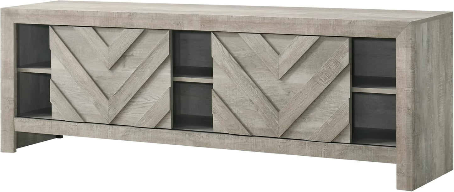 Angled perspective of the Valor TV Stand showcasing its sleek design, spacious open shelves, and distinctive chevron-patterned doors.
