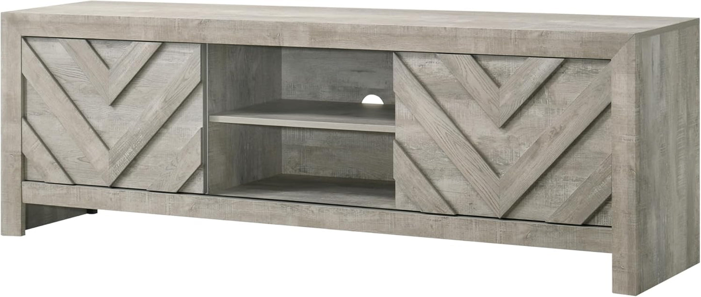 Detailed view of the Valor TV Stand's chevron-patterned cabinet doors, highlighting the intricate design and washed wood finish.