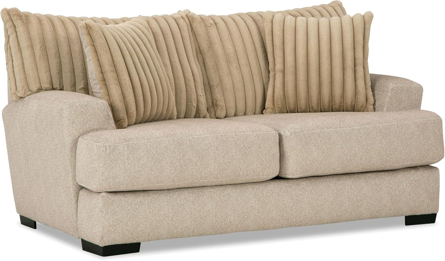 Loughlin Collection loveseat showcasing reversible zippered cushions, bolt-on removable arms, and solid wood construction in Light Brown chenille – available at Paty Furniture in Tacoma, Kent, and Burien.