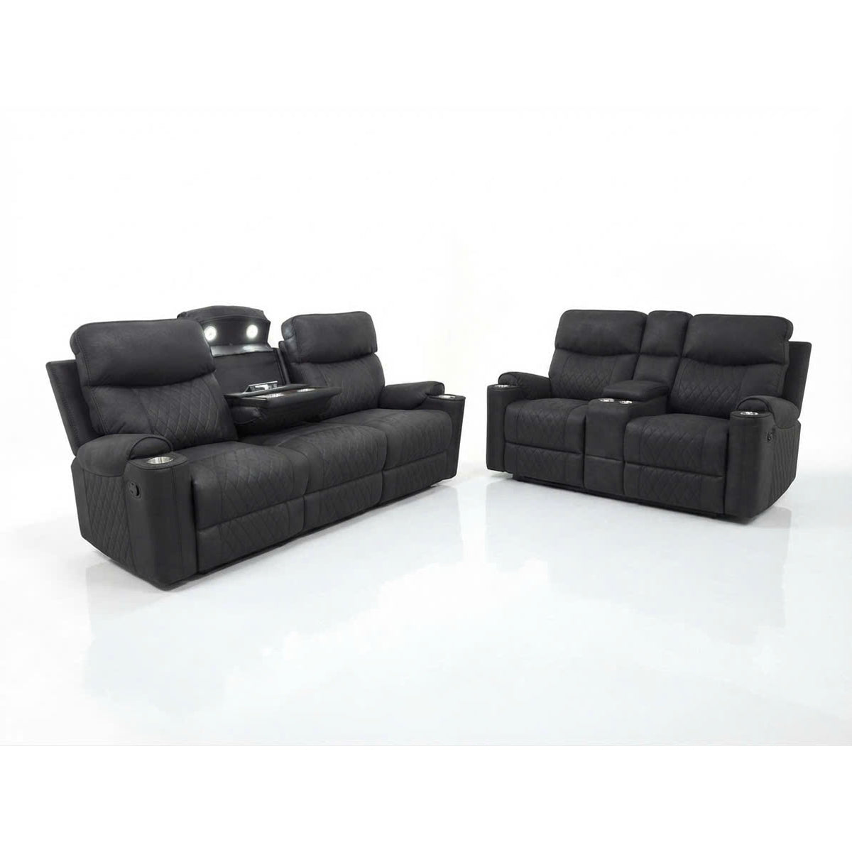 Noir black reclining sofa and loveseat set in high-performance fabric