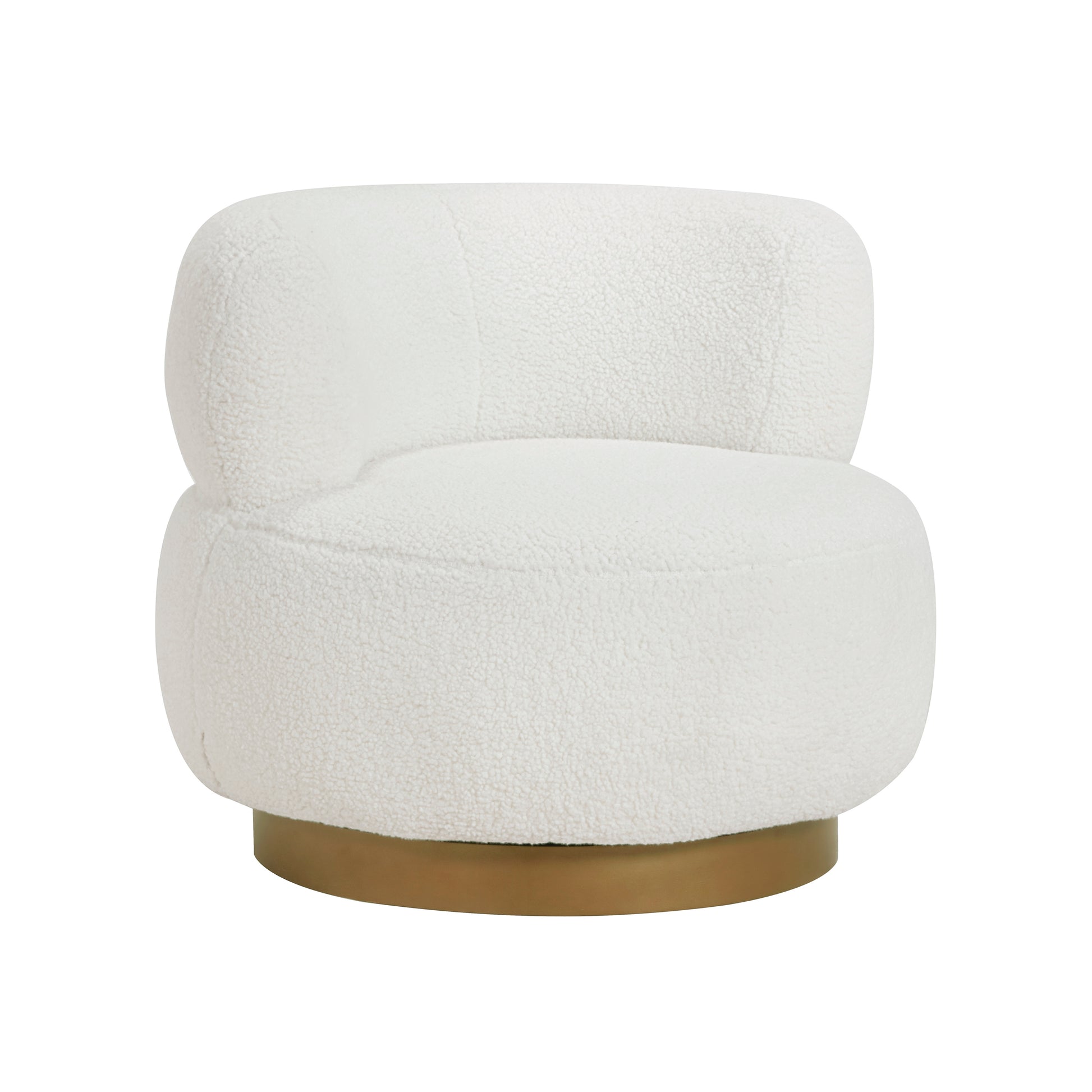 Novella Collection swivel chair with 360-degree rotation, upholstered in cozy sherpa fabric, and supported by a gold-finished base – available at Paty Furniture in Tacoma, Kent, and Burien.