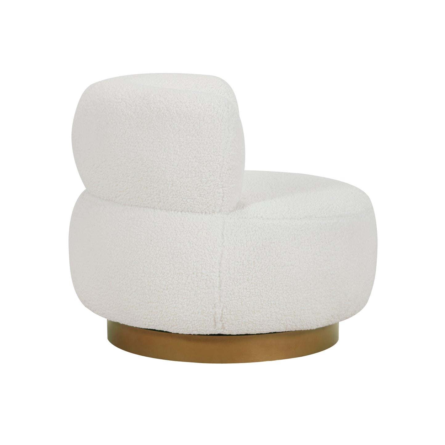 Side profile of the Novella Collection swivel chair highlighting its plush sherpa upholstery and sleek gold-finished base – available at Paty Furniture in Tacoma, Kent, and Burien.