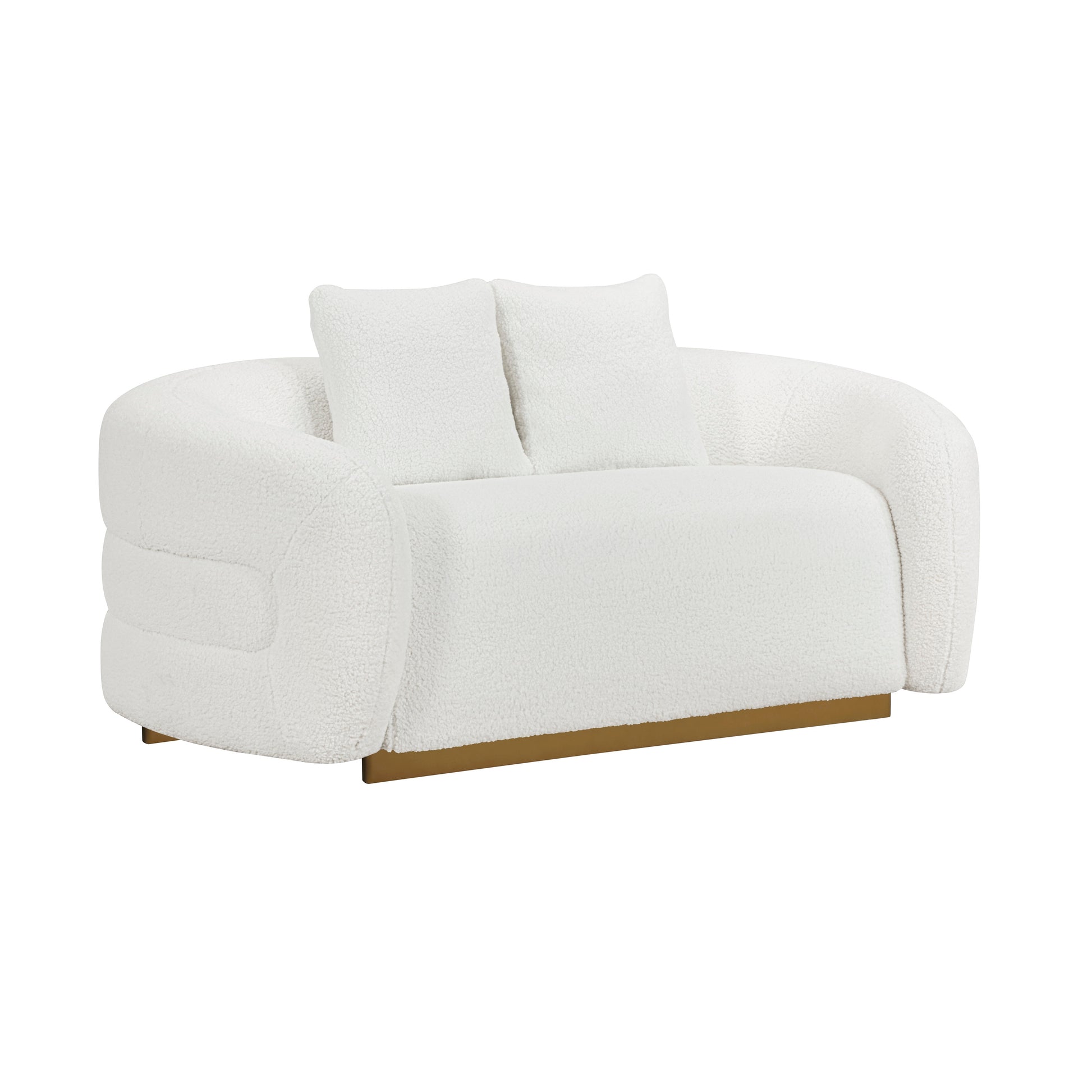 Novella Collection loveseat featuring plush sherpa fabric, attached cushions, and two coordinating pillows atop a gold-finished solid wood base – available at Paty Furniture in Tacoma, Kent, and Burien.