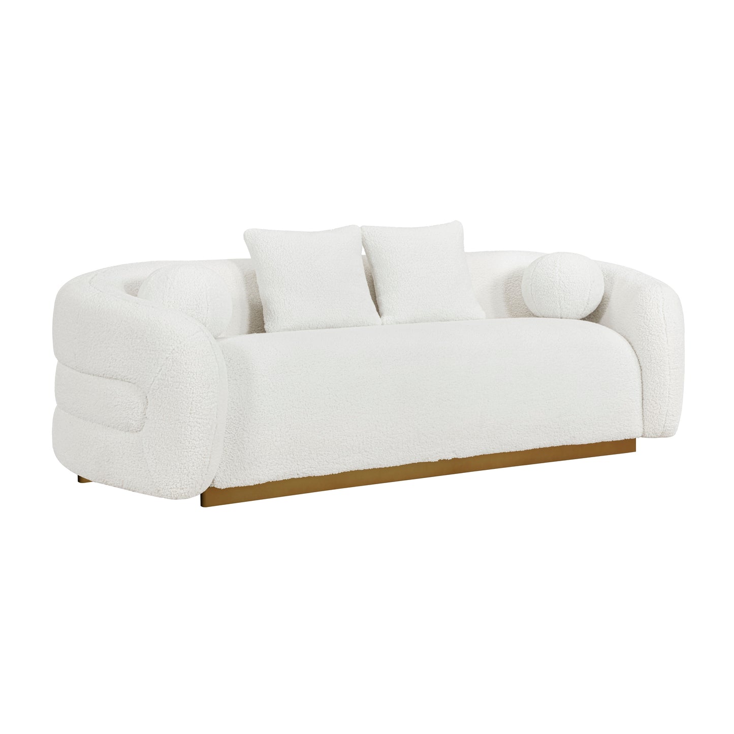 Novella Collection sofa with soft sherpa upholstery, attached back and seat cushions, and two matching pillows on a gold-finished base – available at Paty Furniture in Tacoma, Kent, and Burien.