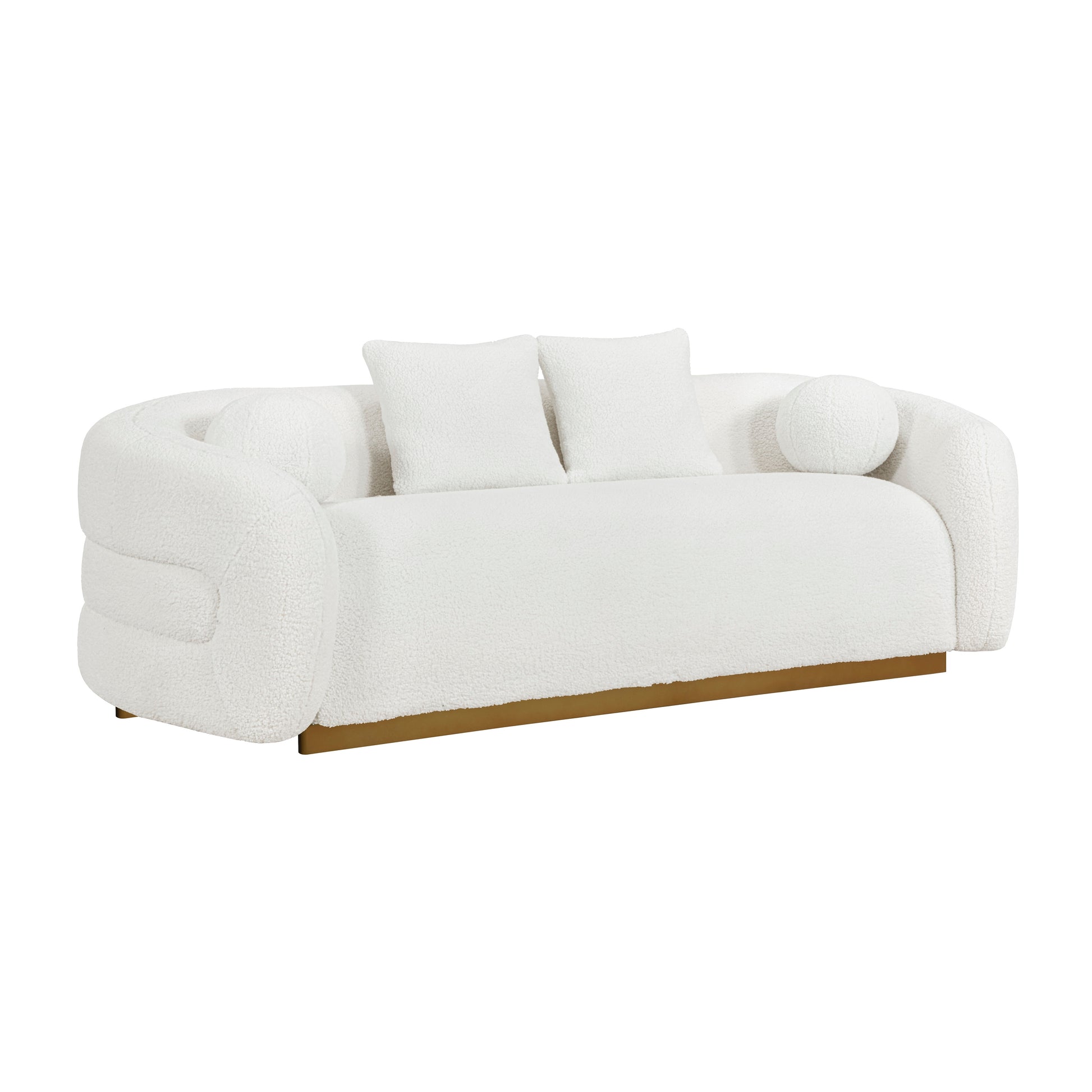 Novella Collection sofa with soft sherpa upholstery, attached back and seat cushions, and two matching pillows on a gold-finished base – available at Paty Furniture in Tacoma, Kent, and Burien.