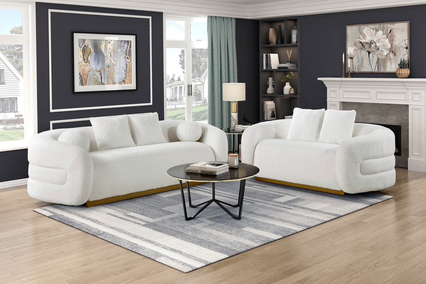 Angled perspective of Novella Collection sofa and loveseat showcasing plush sherpa upholstery and elegant gold-finished bases – available at Paty Furniture in Tacoma, Kent, and Burien.