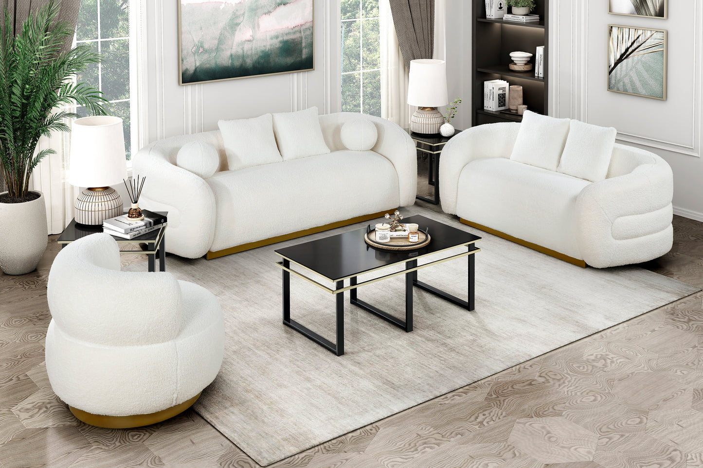 Novella Collection 3-piece living room set featuring a sofa, loveseat, and swivel chair upholstered in cozy sherpa fabric with gold-finished solid wood bases – available at Paty Furniture in Tacoma, Kent, and Burien.