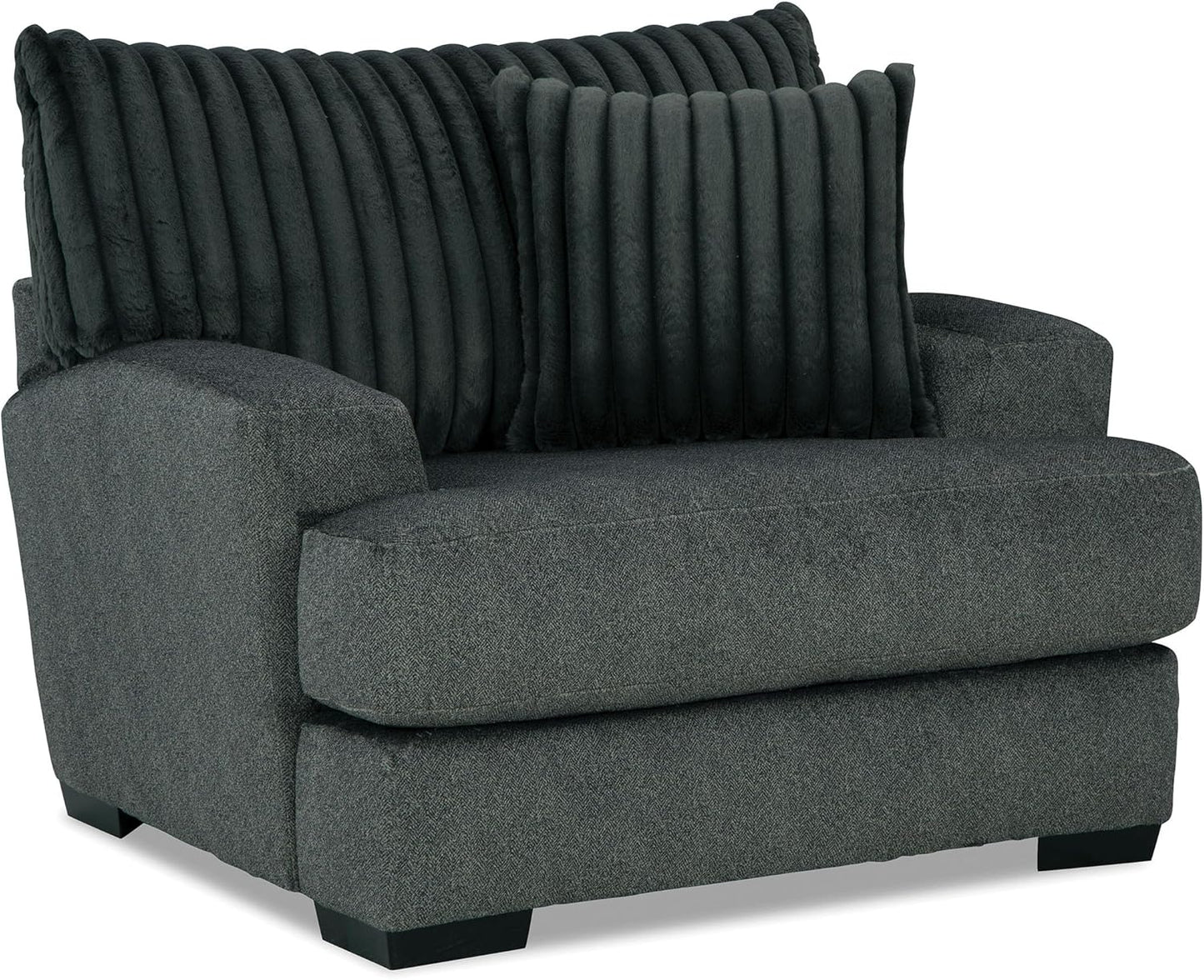 Loughlin Collection chair featuring plush channel-tufted backrest, padded arms, and wooden legs in gun metal chenille upholstery – available at Paty Furniture in Tacoma, Kent, and Burien.