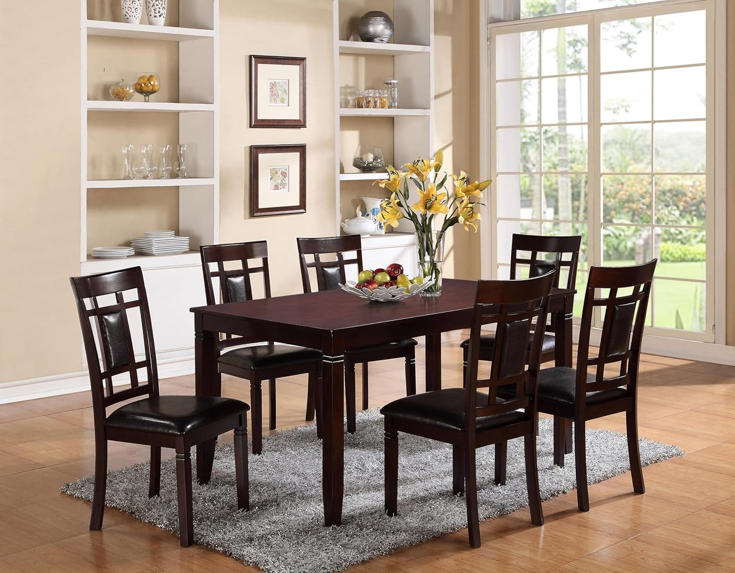 Paige Collection dining set featuring a 60-inch rectangular table in rich mahogany finish, paired with four window-back chairs upholstered in plush faux leather, showcasing timeless elegance and functional design.