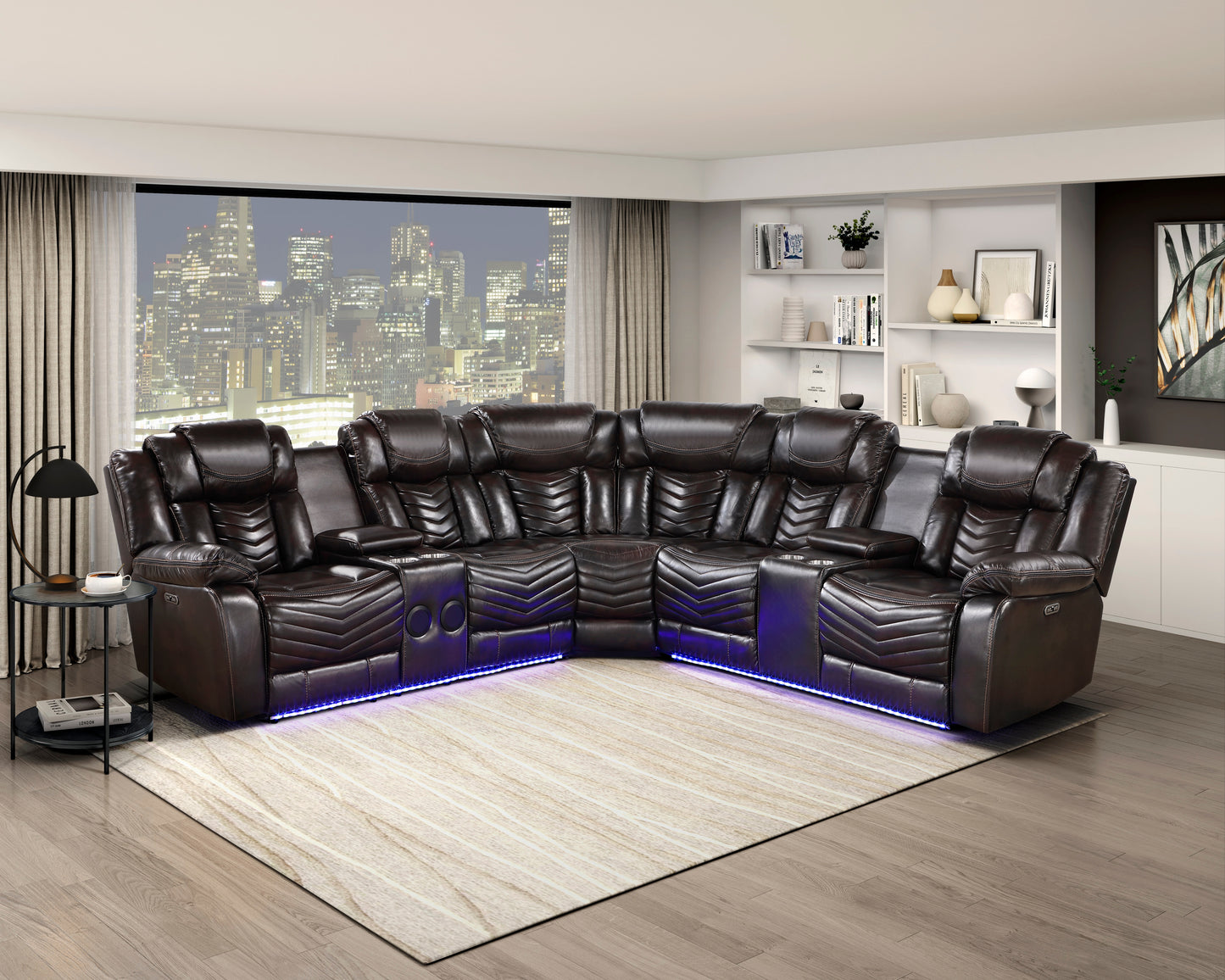 Ramone Collection 3-piece power reclining sectional in dark faux leather, featuring built-in Bluetooth speakers, LED lighting, and integrated cup holders. – available at Paty Furniture in Tacoma, Kent, and Burien.