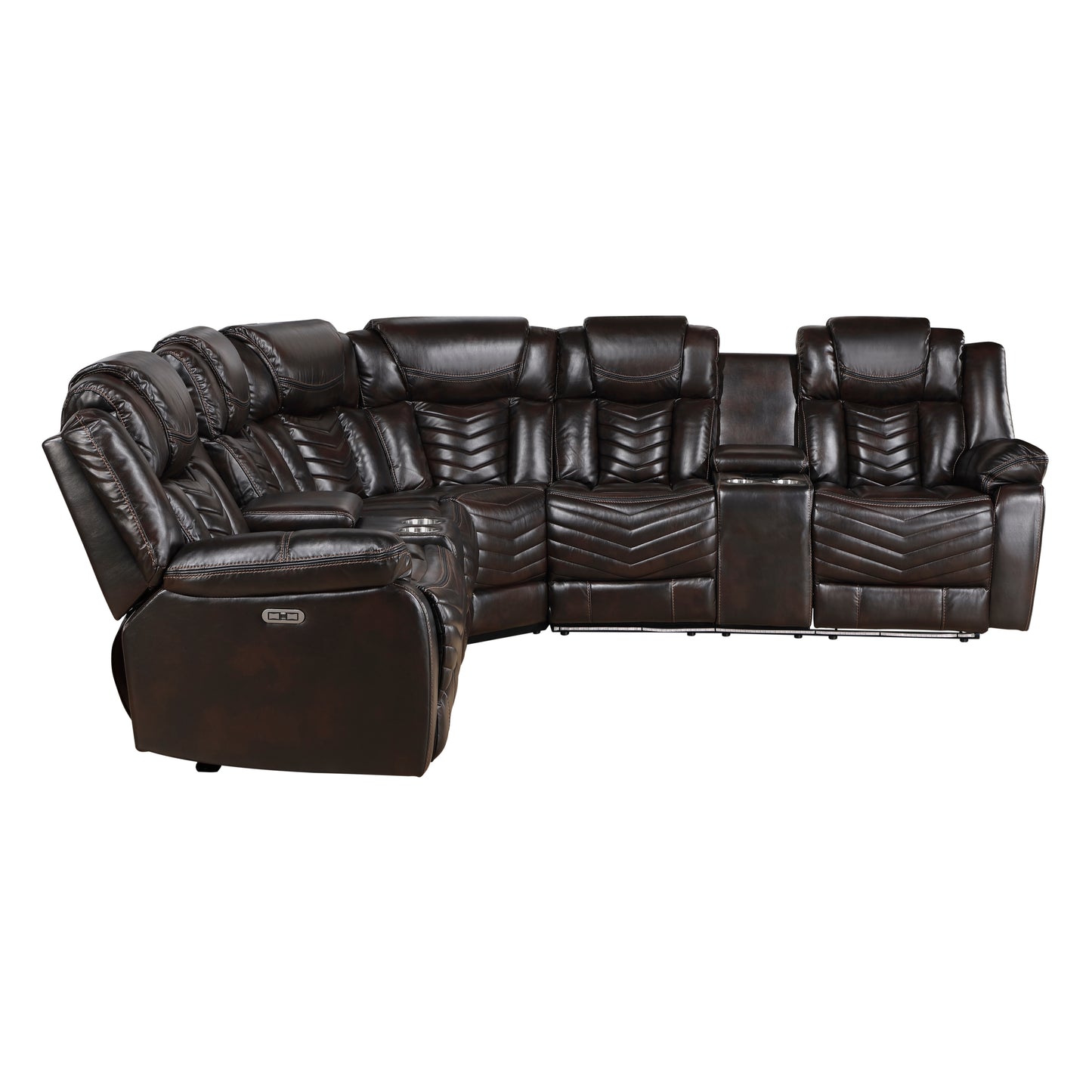 Side profile of the Ramone power reclining sectional highlighting plush armrests and sleek design – available at Paty Furniture in Tacoma, Kent, and Burien.