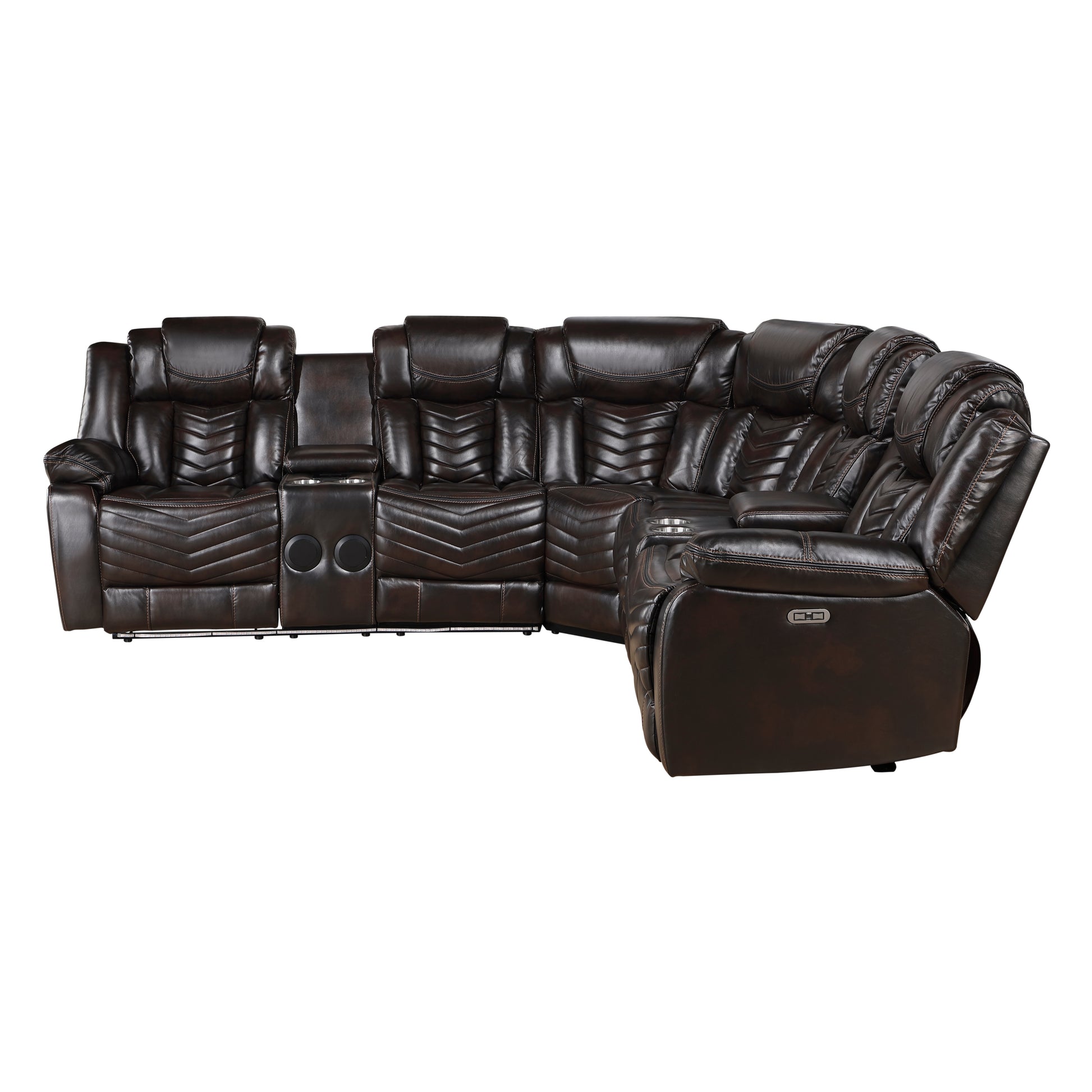Detailed view of the Ramone sectional's power reclining button and smooth faux leather upholstery – available at Paty Furniture in Tacoma, Kent, and Burien.