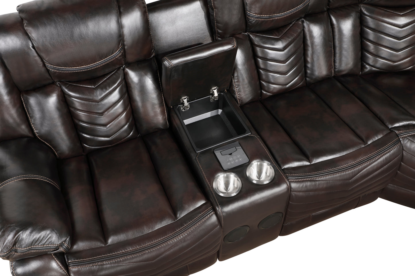 Integrated center console of the Ramone sectional featuring dual cup holders and storage compartment – available at Paty Furniture in Tacoma, Kent, and Burien.