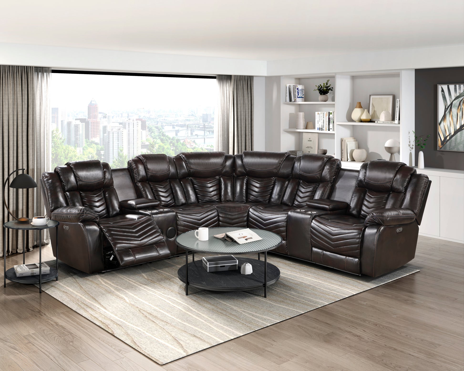 Ramone Collection power reclining sectional arranged in a modern living room, emphasizing its luxurious features and comfort – available at Paty Furniture in Tacoma, Kent, and Burien.